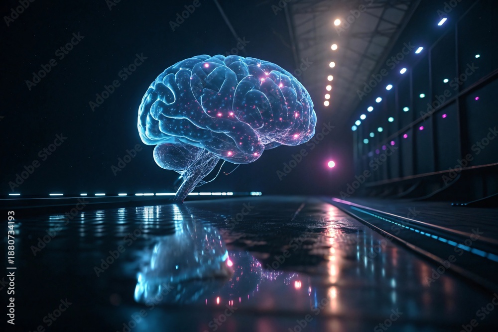 Obraz premium Bioluminescent neural interface hovering above dark reflective surface abstract brain technology concept