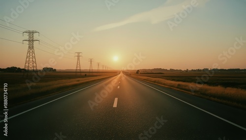 Sunset View on a Long Straight Road With Power Lines and Open Fields