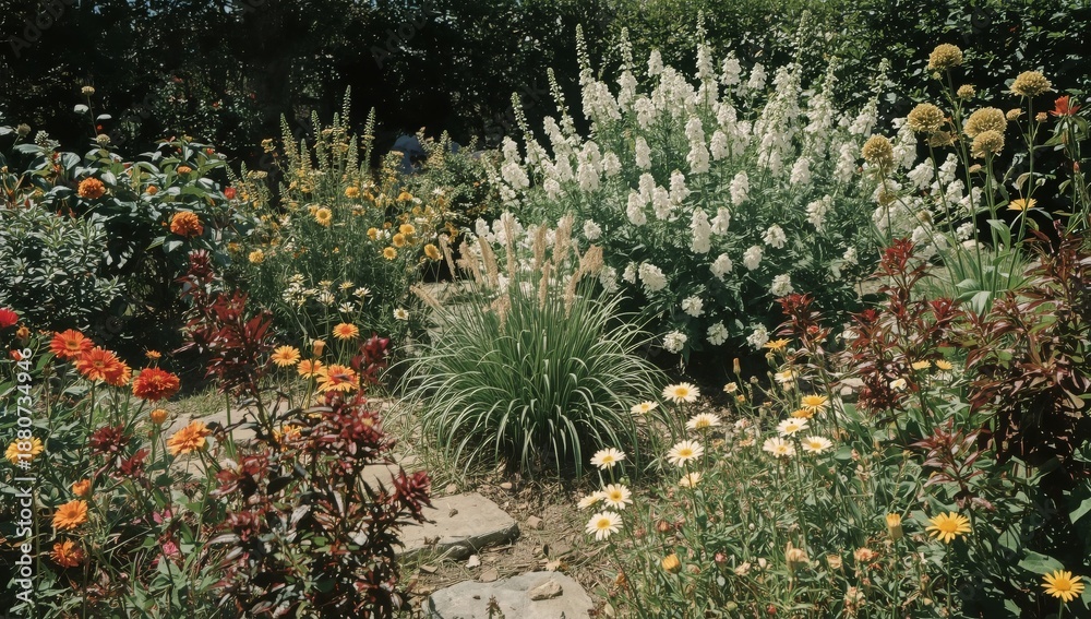 Fototapeta premium Bright Flowers and Plants Grow in a Garden With Stones and Green Leaves During Sunny Weather
