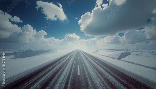 Snowy Road Stretches Into Distance Under Blue Sky With White Clouds