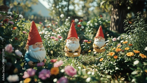 Gnomes Stand Among Flowers in a Garden on a Sunny Day