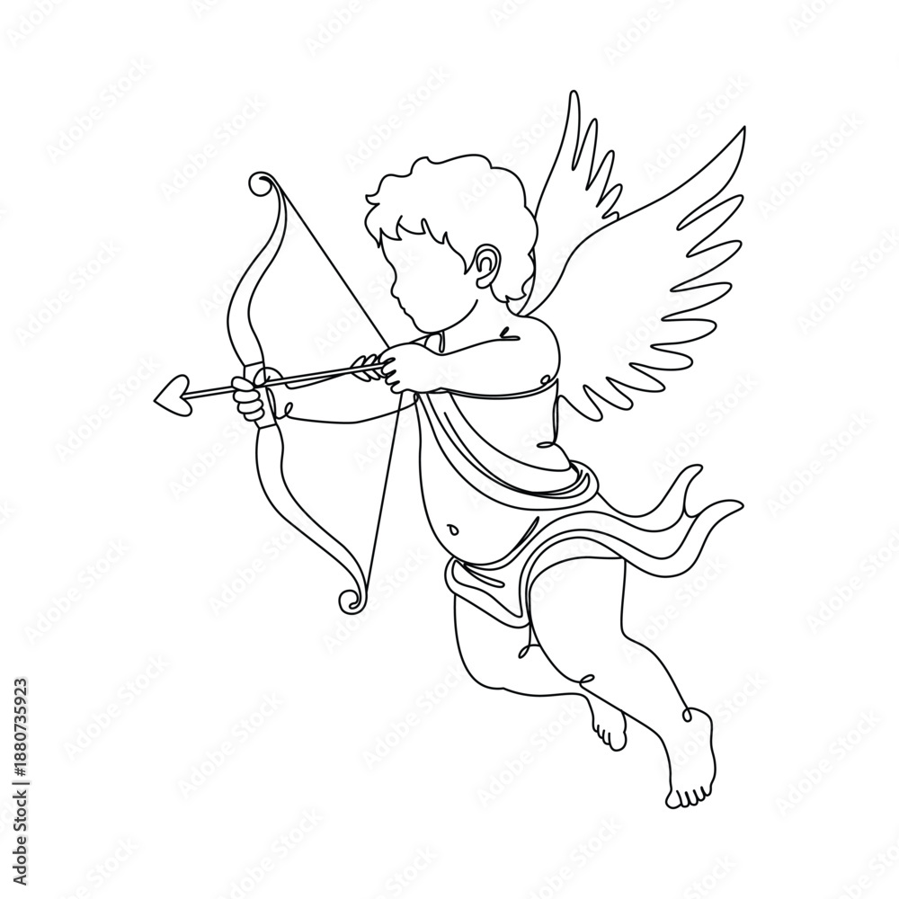 Fototapeta premium One line drawing of cupid with bow and arrow, minimalist valentine illustration