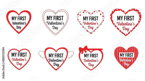 My First Valentine’s Day Black Text with Doodle Red Heart Frame Icons Set