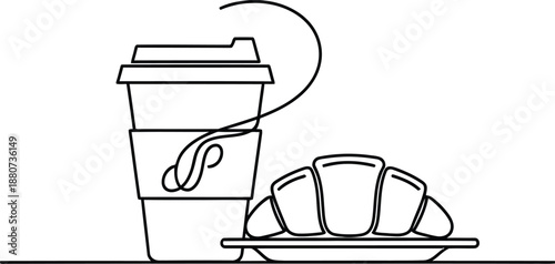 A cup of coffee and a croissant on a plate