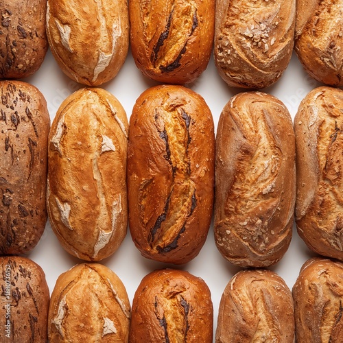 Different Types of Bread Arranged in a Pattern on a White Surface for Display