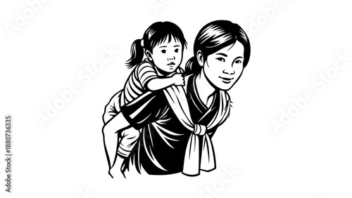 Mother Carrying Her Little Daughter on Her Back