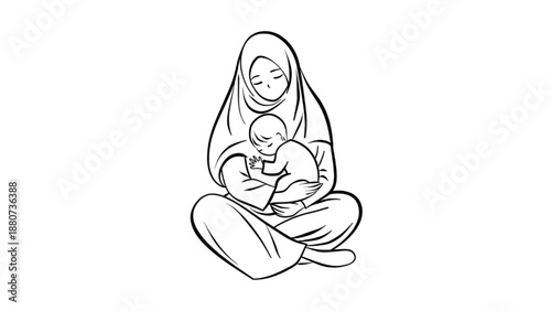 Line Art Illustration of a Muslim Mother Hugging Her Baby