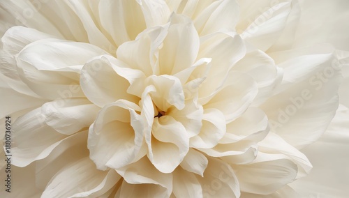 Close View of a White Flower Bloom With Many Petals on a Light Background