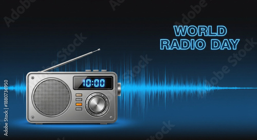 World radio day theme with vintage radio receiver and glowing blue sound wave equalizer