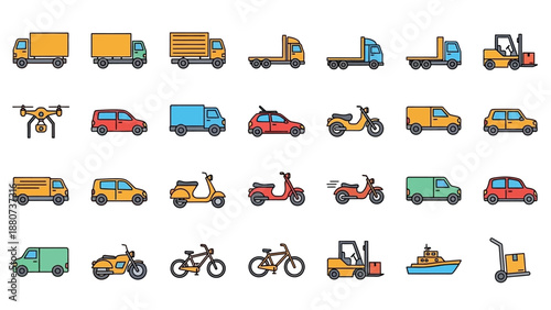 Collection of Various Vehicles and Transportation Icons.