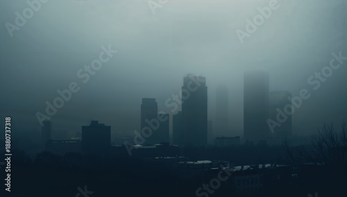 Fog Covers a City Skyline With High Buildings in the Early Morning Hours
