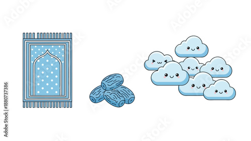 Islamic Prayer Rug, Dates, and Cute Kawaii Clouds