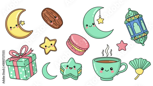 Kawaii Ramadan Elements: Moon, Stars, Lantern, Gift, Coffee, Macarons