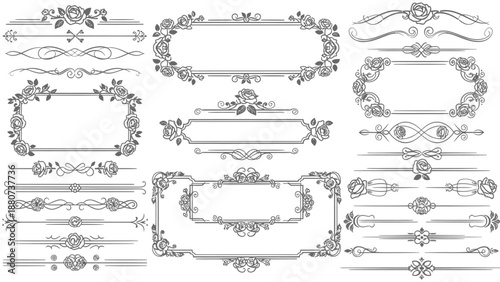 Vintage Floral Frame Vector Set – Ornate Rose Border Designs, Elegant Monochrome Clipart for Invitations, Certificates, Decorative Labels, Classic Botanical Line Art