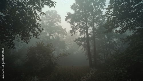Misty Forest With Tall Trees and Dense Fog in the Early Morning Light