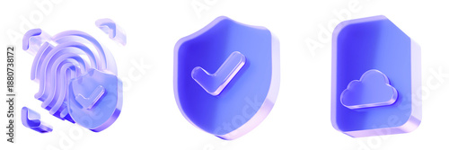 Set 3D Glass security shield fingerprint cloud icon isolated on transparent background, concept of biometric protection and safety. Transparent Liquid Glass icon. 3D rendering.