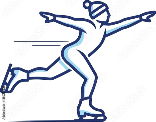 Stylized line art illustration depicting an ice skater in motion wearing a winter hat performing a dynamic glide across the ice.