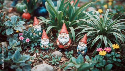 Garden Gnomes Stand Among Green Plants and Colorful Flowers in a Sunny Outdoo...