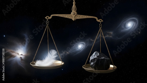 A symbolic balance scale weighing a delicate feather against a heavy rock, set within a stunning cosmic galaxy backdrop, illustrating universal principles of mass, gravity, and profound equilibrium