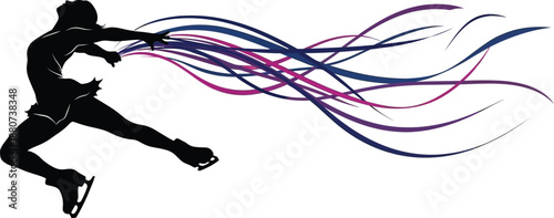 Silhouette of a graceful female figure skater performing a dynamic jump leaving colorful flowing ribbons of motion behind her