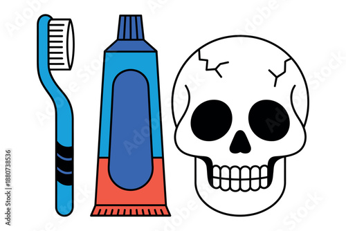 Toothbrush, Toothpaste, and Skull Illustration