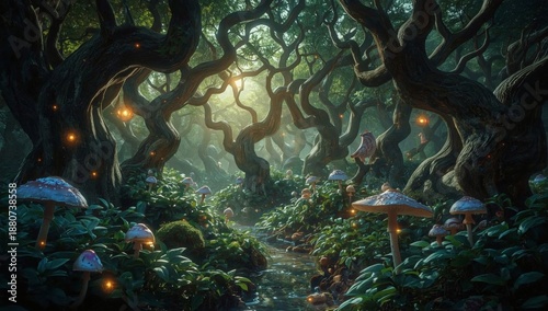 Mysterious Forest With Trees, Fungi, and Floating Lights in the Evening