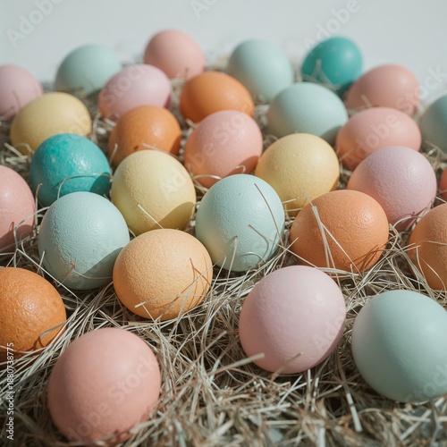 Colorful Eggs and Flowers Arranged on a Surface for Spring Celebration and De...