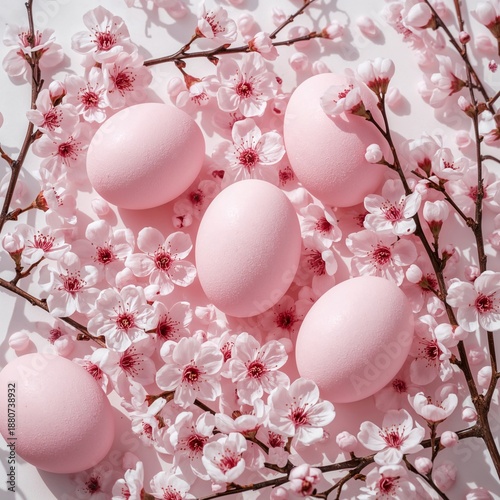 Spring Eggs and Cherry Blossom Flowers Create a Colorful Scene for Celebratio...