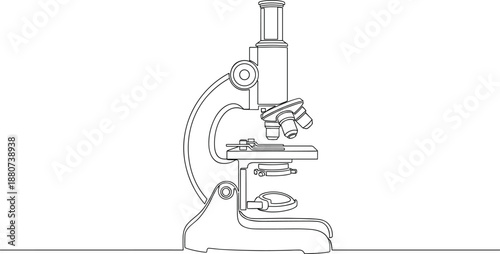 one line drawing of a professional laboratory microscope for scientific research education and medical diagnostic testing