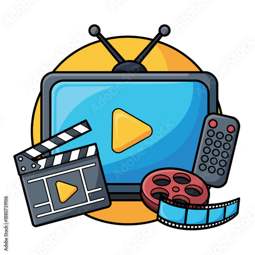 Colorful Cartoon TV with Play Button, Remote, Film Reel, and Clapper Board Illustration