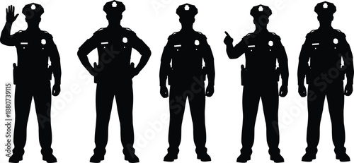 Vector illustration of police officer silhouettes—symbols for authority, gesture, posture, uniform, law enforcement, communication, discipline, identity, respect, and public service