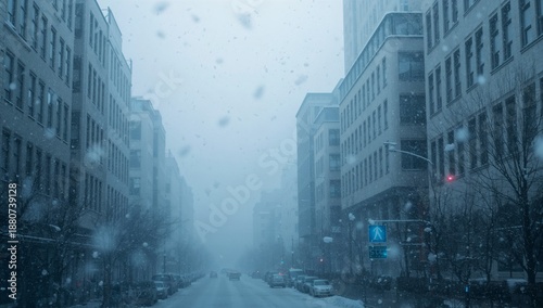 Heavy Snow Falls on City Streets During Winter Storm in Urban Area