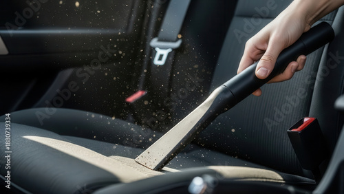 Vacuuming car interior with vacuum cleaner, hand detail, cleaning process, automotive maintenance, copy space
