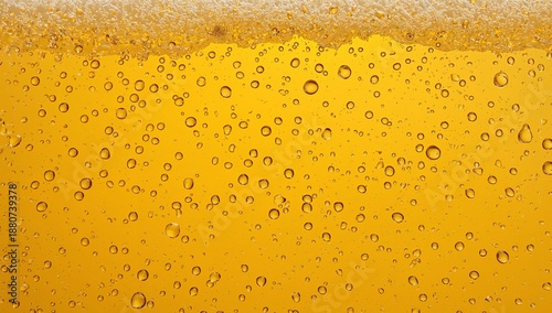 Close View of Bubbles in Beer With Golden Liquid and Foam on Top