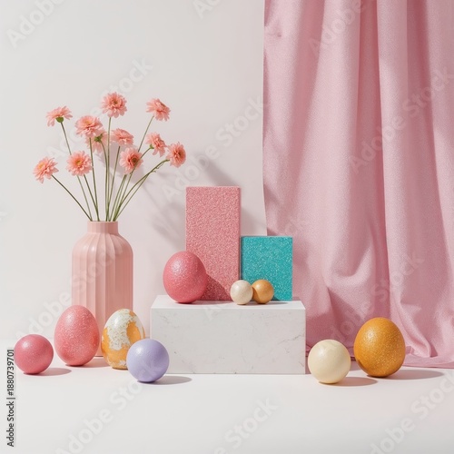 Colorful Display of Easter Eggs and Flowers on a Table With Soft Light in the...