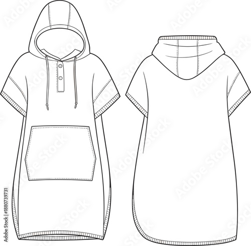 Flat sketch hoodie, oversized hoodie dress, short sleeve hooded tunic, fashion technical drawing, kangaroo pocket, vector template, casual wear
