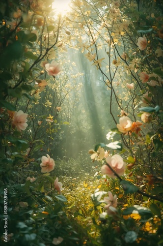 Flowers Bloom in a Garden With Sunlight Shining Through Trees During Springtime