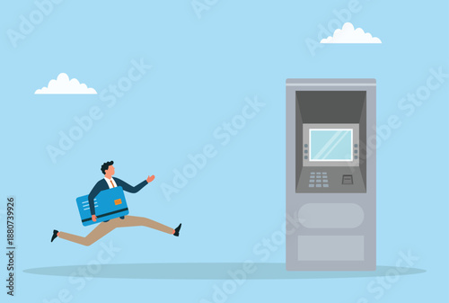 Vector illustration of a businessman running toward an atm with a credit card symbolizing quick cash access urgent payments and modern banking convenience
