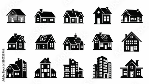 Collection of various house styles and designs in black and white illustrations on a plain background high quality