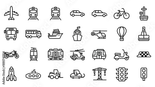 Collection of Various Transportation Icons and Symbols.