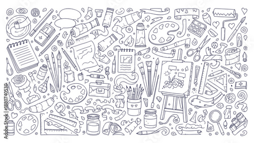 Creative Art Supplies Tools Doodle Pattern Seamless Vector Line Sketch Background