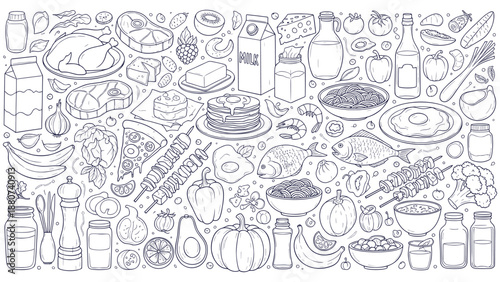 Detailed Seamless Line Art Pattern Fresh Food Cooking Ingredients Vegetables Meat Dairy Doodle