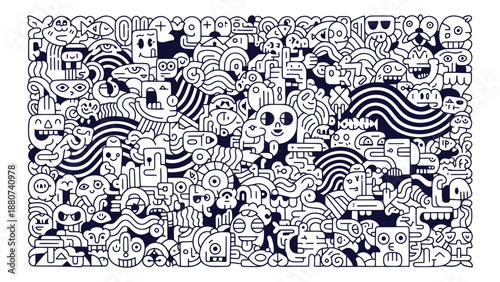 Chaotic Seamless Doodle Vector Pattern Quirky Abstract Characters Fun Cartoon Monsters Texture