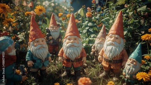 Garden Gnomes Gather Among Flowers in Bright Sunlight During a Spring Afternoon
