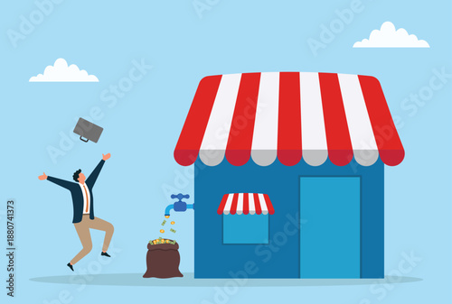 Vector illustration of small business profit concept showing a shop generating steady cash flow into a money bag while a happy businessman celebrates success income and business growth
