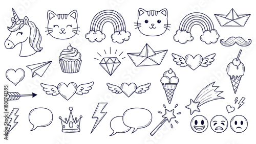 Kawaii Cute Doodle Vector Kit Unicorn Cat Rainbow Diamond Heart Elements