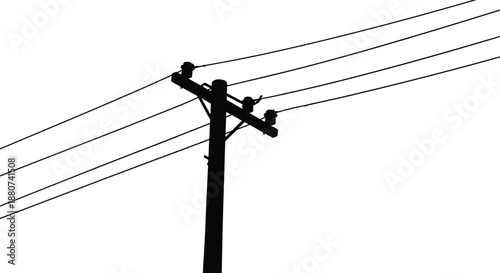 Electric power pole silhouette, overhead cable lines, black utility pole vector, transmission wires drawing, minimal energy infrastructure artwork, engineering design