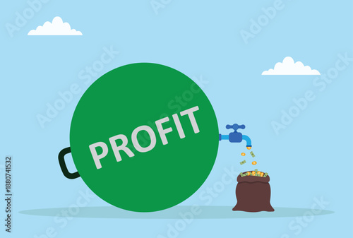 Vector illustration of profit generation concept showing a money tank labeled profit releasing cash through a tap into a bag symbolizing income flow business growth revenue and financial success
