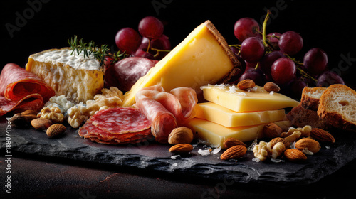 Gourmet Charcuterie Board with Selection of Artisanal Cheeses Salami Prosciutto Red Grapes Walnuts and Almonds on Dark Slate Platter for Luxury Party Appetizer and Fine Wine Pairing Dining Experience