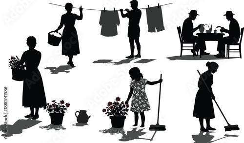 Family daily chores, children watering plants, parents hanging clothes, women sweeping, outdoor home activity, gardening scene, teamwork, rural lifestyle, flowers